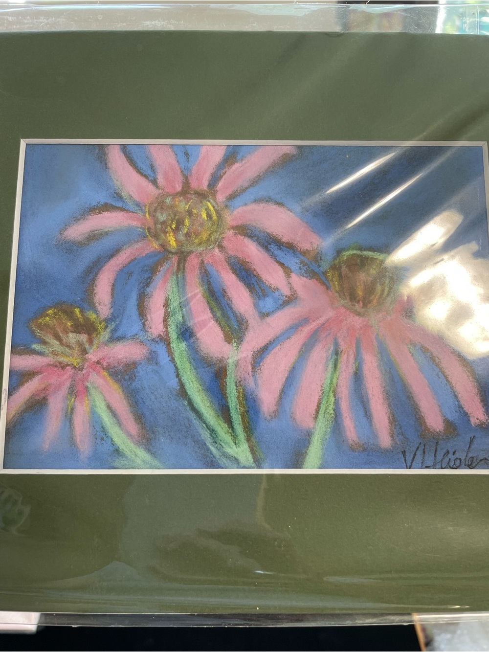 “ Pink Cone Flowers On Blue “An Original Pastel Painting Matted 10”x8”